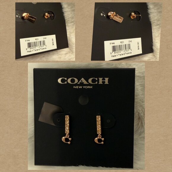 NEW Coach SIGNATURE "C" PAVE BAR Sparkle STUD EARRINGS Rose Gold-tone w/Gift Bag - Picture 12 of 13